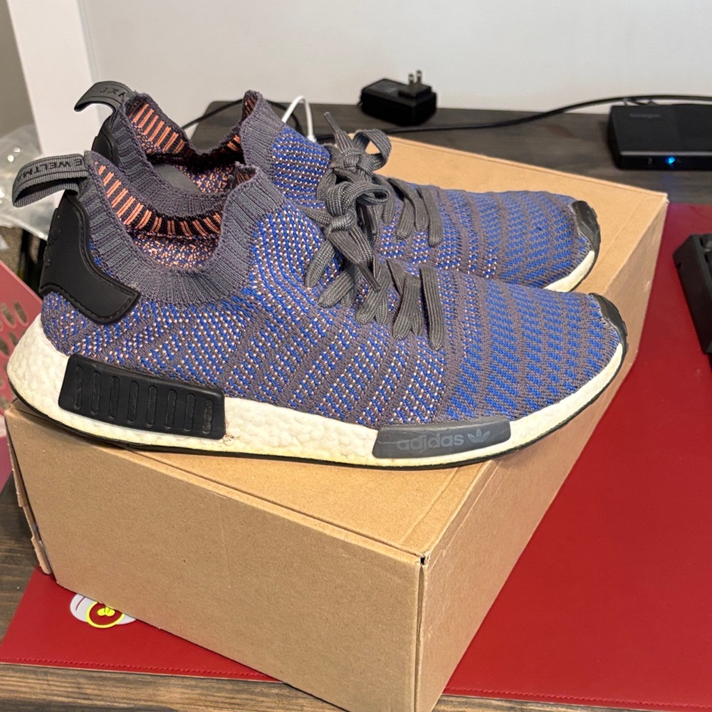 adidas Men's NMD R1 Primeknit Sneakers - Blue/Grey with Orange Accent